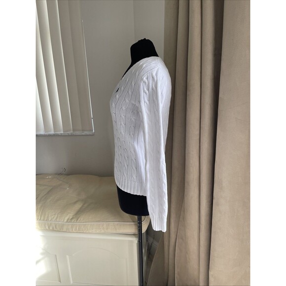 RALPH LAUREN SPORT WOMEN CABLE KNIT SWEATER V NECK COTTON White M - Picture 9 of 10